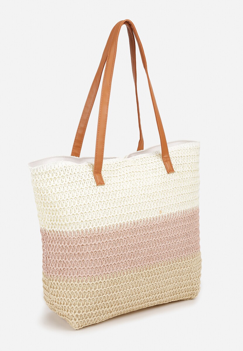 Różowo-Beżowa Duża Torebka Jednokomorowa na Suwak o Plecionym Fasonie Kastra