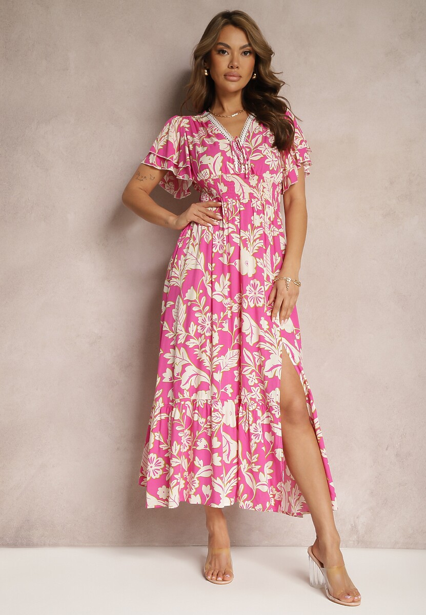 Różowa Sukienka z Wiskozy z Krótkim Rękawem Wiązana z Przodu Marszczona w Pasie Tessam