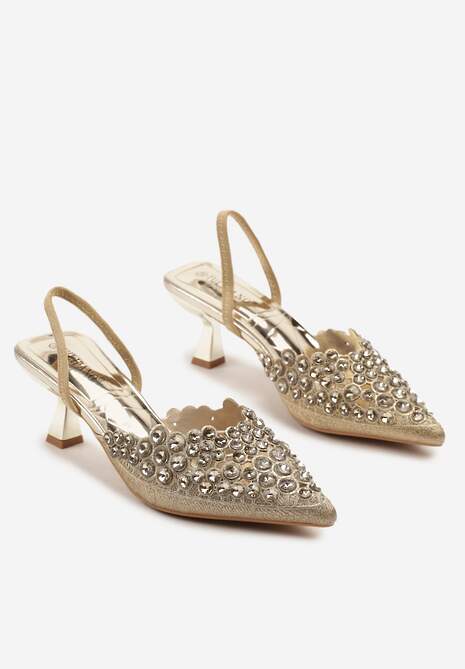 Złote Sandały z Kryształkami na Obcasie Kaczuszka Lenavia