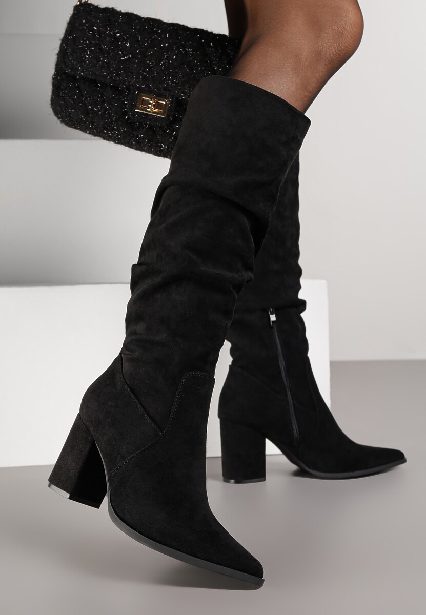 Czarne Kozaki na Słupku z Marszczoną Cholewką z Imitacji Zamszu Razialla