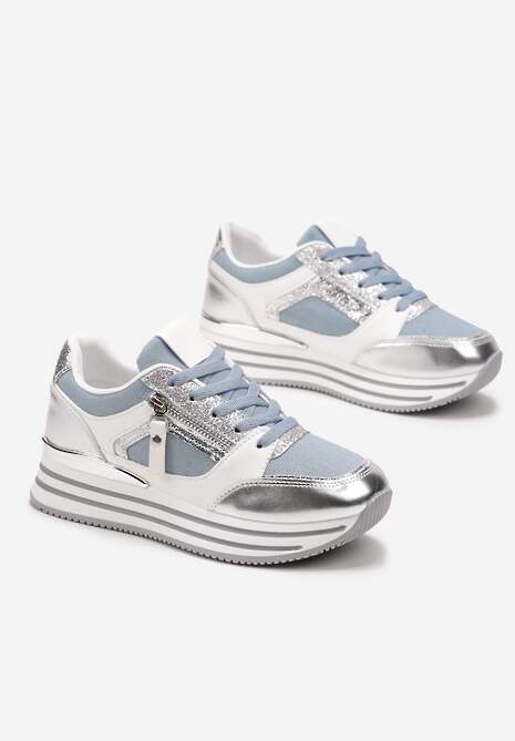 Niebieskie Brokatowe Sneakersy na Grubej Podeszwie ze Sznurowaniem i Suwakiem Irollia