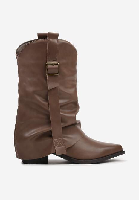 Brązowe Botki Kowbojki z Wywiniętą Cholewką z Marszczeniem Ilova