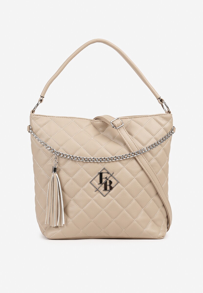 Ciemnobeżowa Torebka Shopperka z Pikowaniem i Paskiem Lanarista