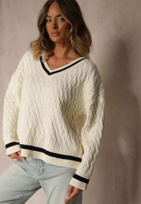 Jasnobeżowy Sweter w Stylu Preppy z Dodatkiem Kaszmiru i Warkoczowym Splotem Belmire