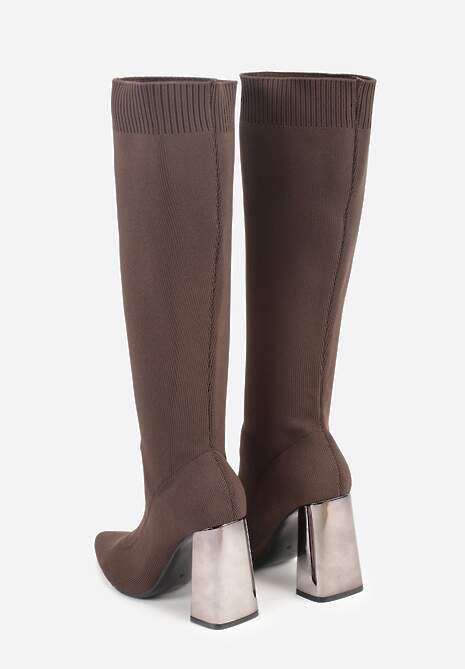 Brązowe Skarpetkowe Kozaki Vices na Słupku z Metalicznym Połyskiem Tuvitte