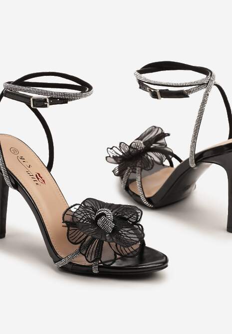 Czarne Sandały na Obcasie z Aplikacją w Kształcie Kwiatu Zdobione Cyrkoniami Frolene