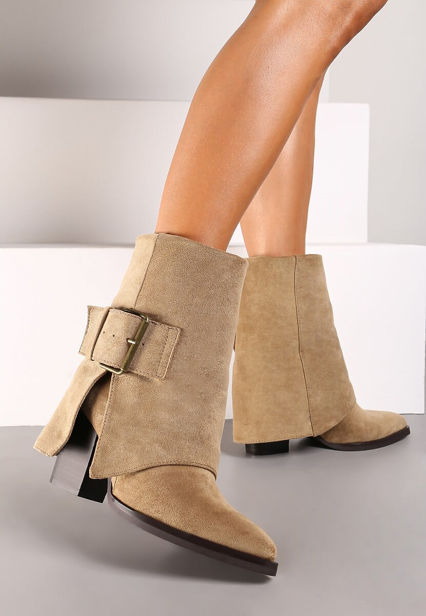 Czarne Botki Kowbojki na Słupku Ozdobione Wywiniętą Cholewką Ansinae