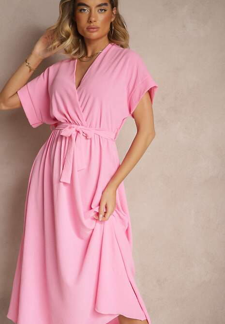 Różowa Rozkloszowana Sukienka z Gumką w Talii i Wiązaniem Sepenira