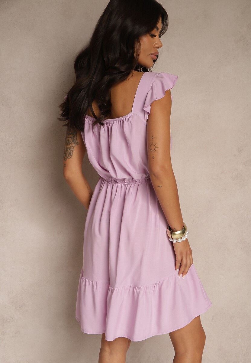 Fioletowa Rozkloszowana Sukienka z Wiskozą z Gumką w Talii Lirandine