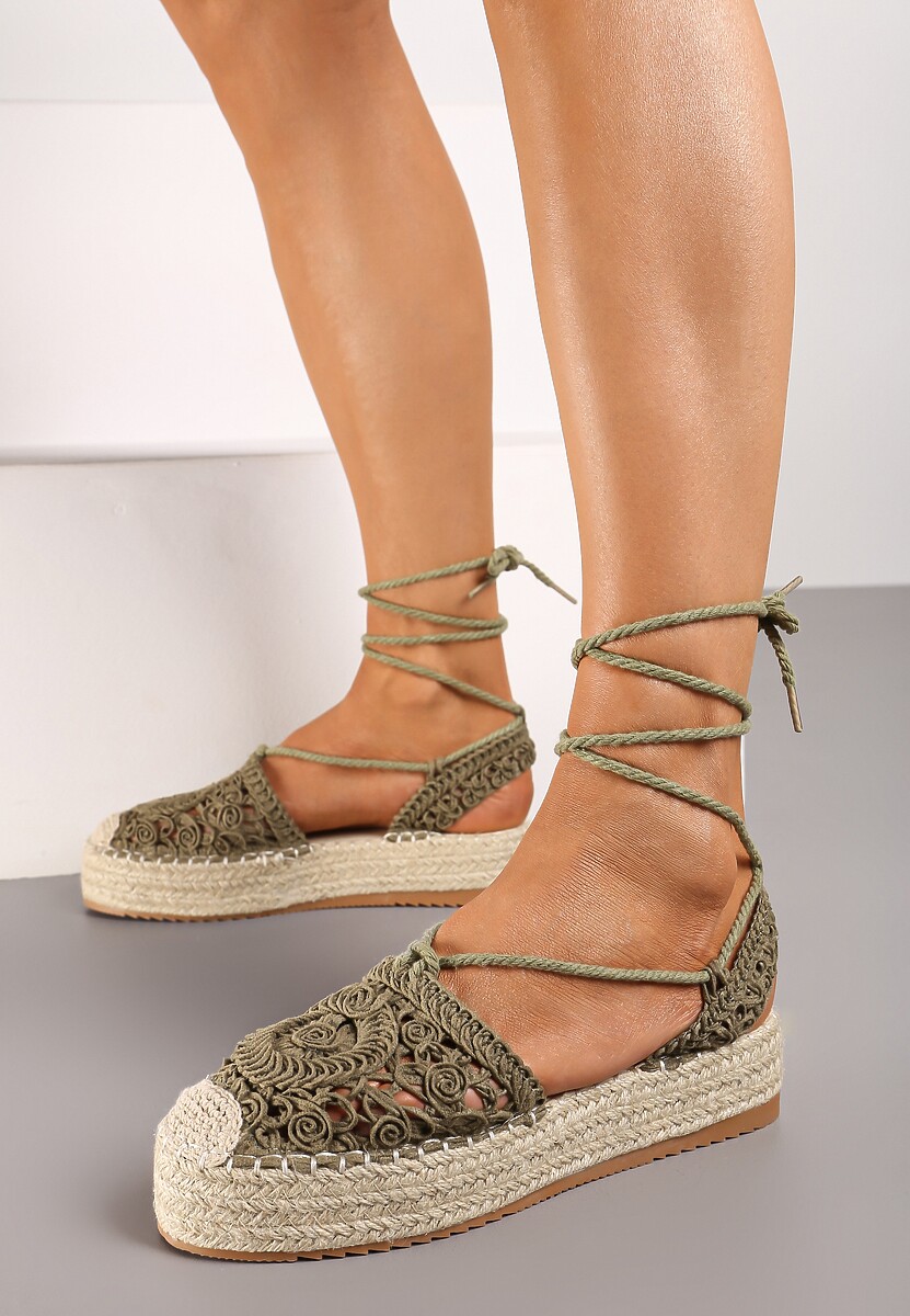 Ciemnozielone Wiązane Espadryle Ażurowe na Plecionej Podeszwie Talea