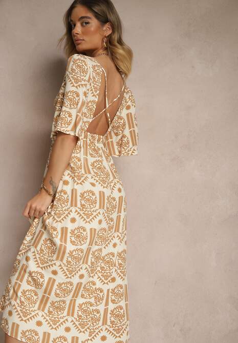 Ciemnobeżowa Sukienka Boho Rozkloszowana z Wiskozy z Odkrytymi Plecami Tuvria