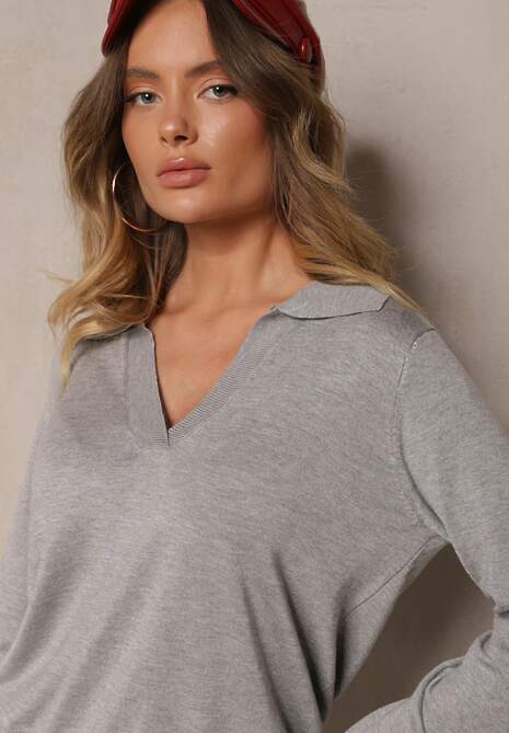 Szary Sweter z Wiskozą i Ozdobnym Kołnierzykiem Ceaola