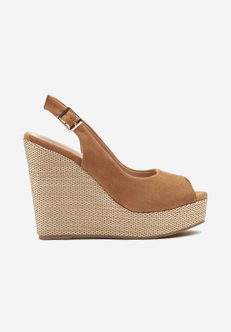 Brązowe Sandały Slingback z Imitacji Zamszu na Koturnie Daldiva