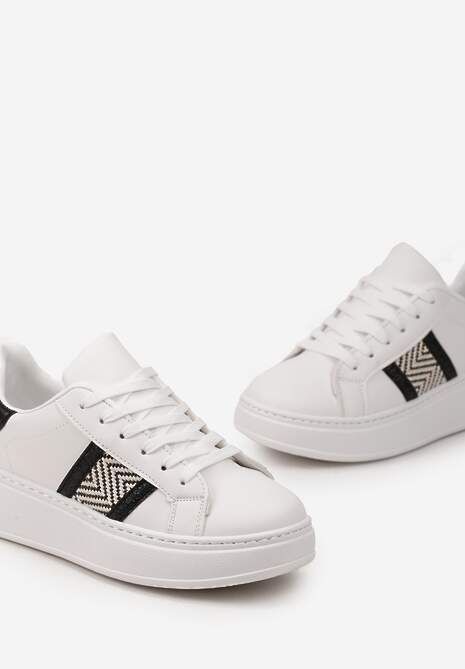 Biało-Czarne Sneakersy z Metaliczną Wstawką na Grubej Podeszwie z Ozdobną Taśmą z Brokatem Qinessa