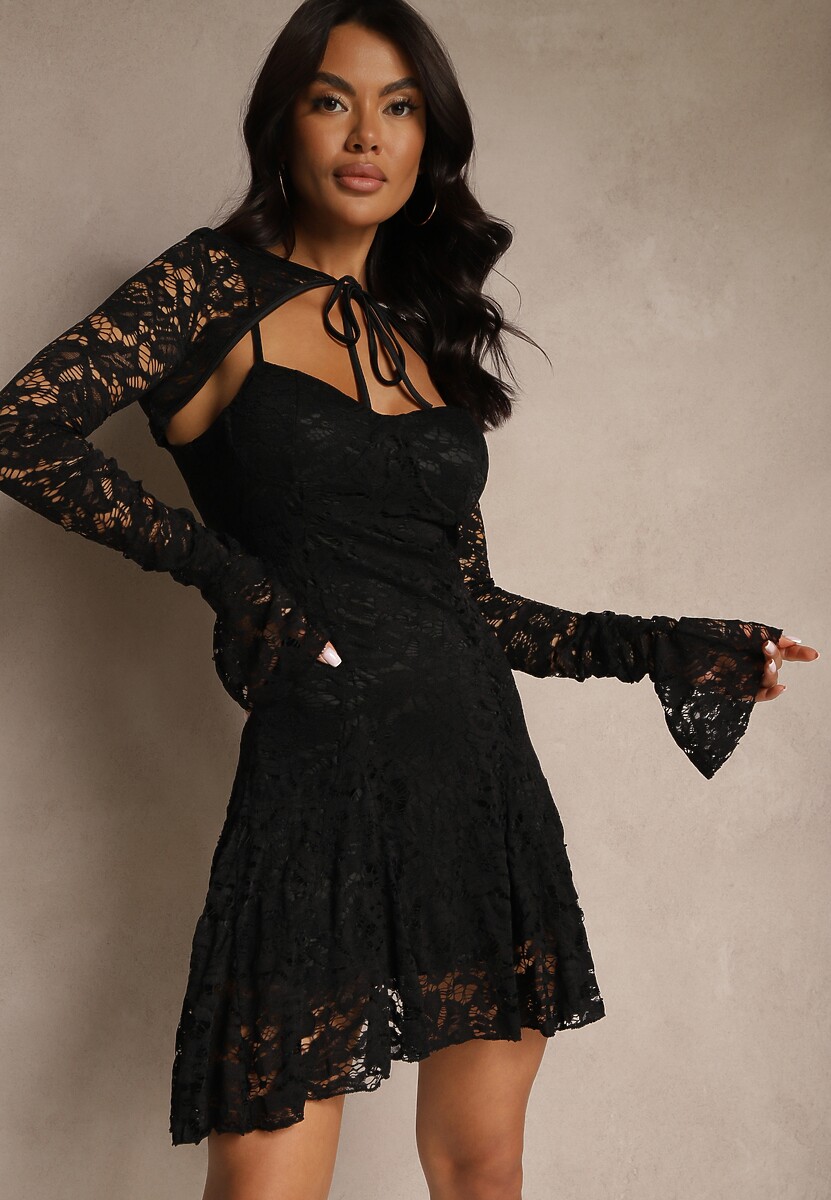 Żółta Koktajlowa Koronkowa Sukienka o Rozkloszowanym Kroju Nelfedi