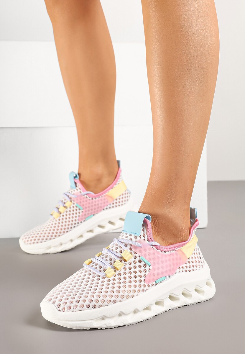 Biało-Różowe Buty Sportowe Sneakersy Siateczkowe na Tłoczonej Platformie Lurilia