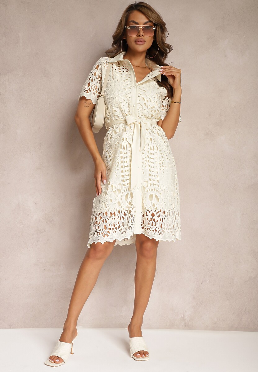 Beżowa Ażurowa Sukienka Koszulowa Wiązana w Pasie Lonnija