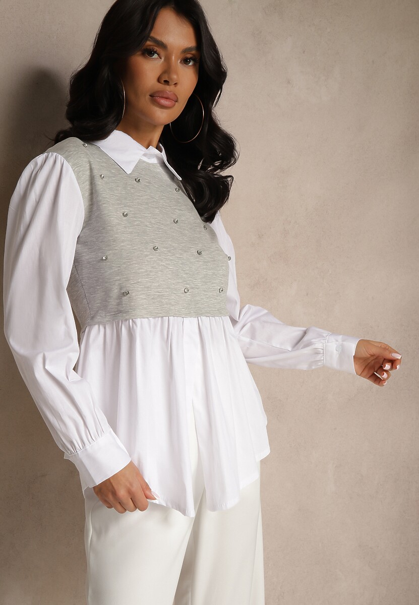 Szara Koszulowa Bluzka z Wiskozą o Rozkloszowanym Kroju z Wszytą Kamizelką Uliadorella