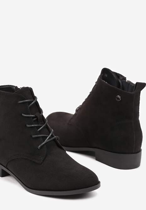 Czarne Wiązane Botki na Płaskiej Podeszwie Erithara