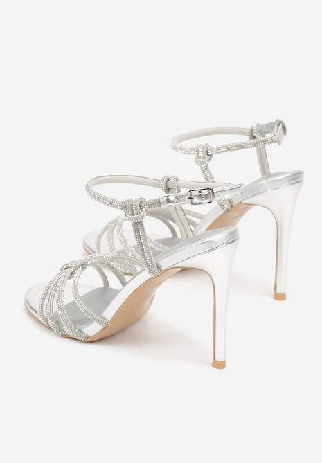 Srebrne Sandały na Szpilce z Przeplatanymi Paskami z Cyrkoniami Lunafera