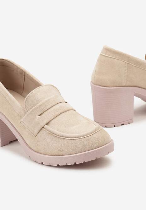 Beżowe Półbuty Mokasyny z Ekozamszu na Słupku i Platformie Andarco