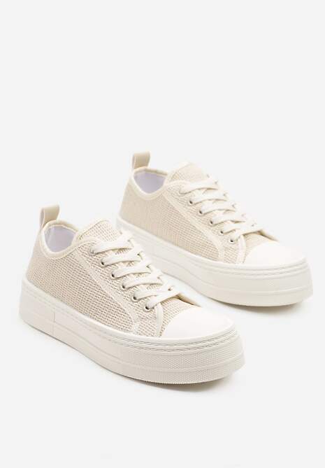 Beżowe Trampki na Platformie Ozdobione Plecionką Ronliera