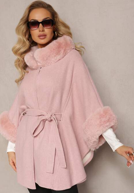 Różowy Płaszcz Ponczo z Wiskozy z Paskiem i Futerkiem Roymessa