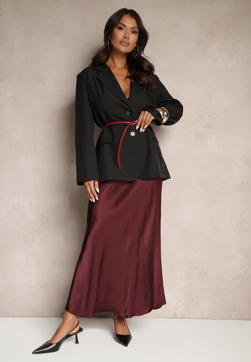 Bordowa Rozkloszowana Spódnica Satynowa z Wiskozy Rihaniel