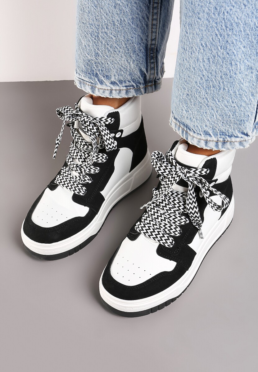 Czarne Sneakersy na Platformie z Wysoką Cholewką Ozdobione Perforacją Mivaria