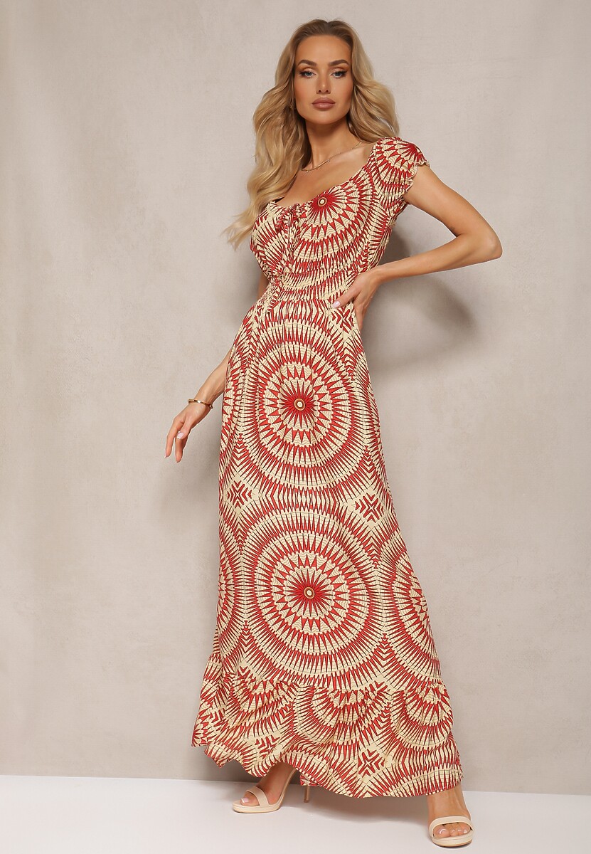 Miętowo-Pomarańczowa Rozkloszowana Sukienka z Wiskozy z Gumką w Pasie i Wiązaniem przy Dekolcie Xicia