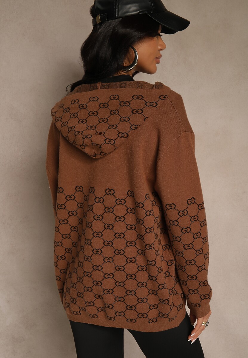 Brązowy Rozpinany Kardigan z Kapturem z Geometrycznym Wzorem Neratusa