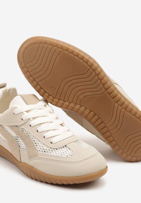 Ciemnobeżowe Sneakersy Tenisówki z Geometrycznym Motywem Amotheira