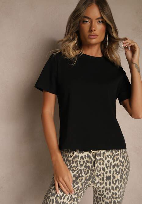 Czarny Klasyczny T-shirt z Grubszej  Bawełny Tiavone