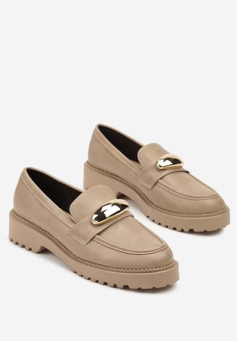 Ciemnobeżowe Mokasyny Vices z Wkładką ze Skóry Naturalnej z Metaliczną Aplikacją Fergia