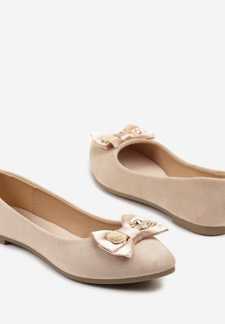 Beżowe Balerinki z Wkładką ze Skóry Naturalnej Ozdobione Kokardą Galunea