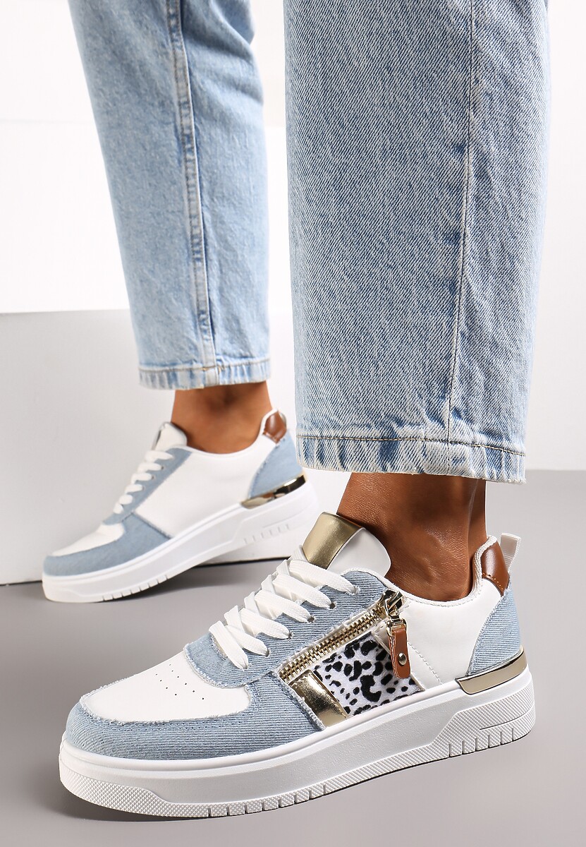 Biało-Niebieskie Sneakersy przed Kostkę z Suwakiem i Metaliczną Wstawką Ludovico