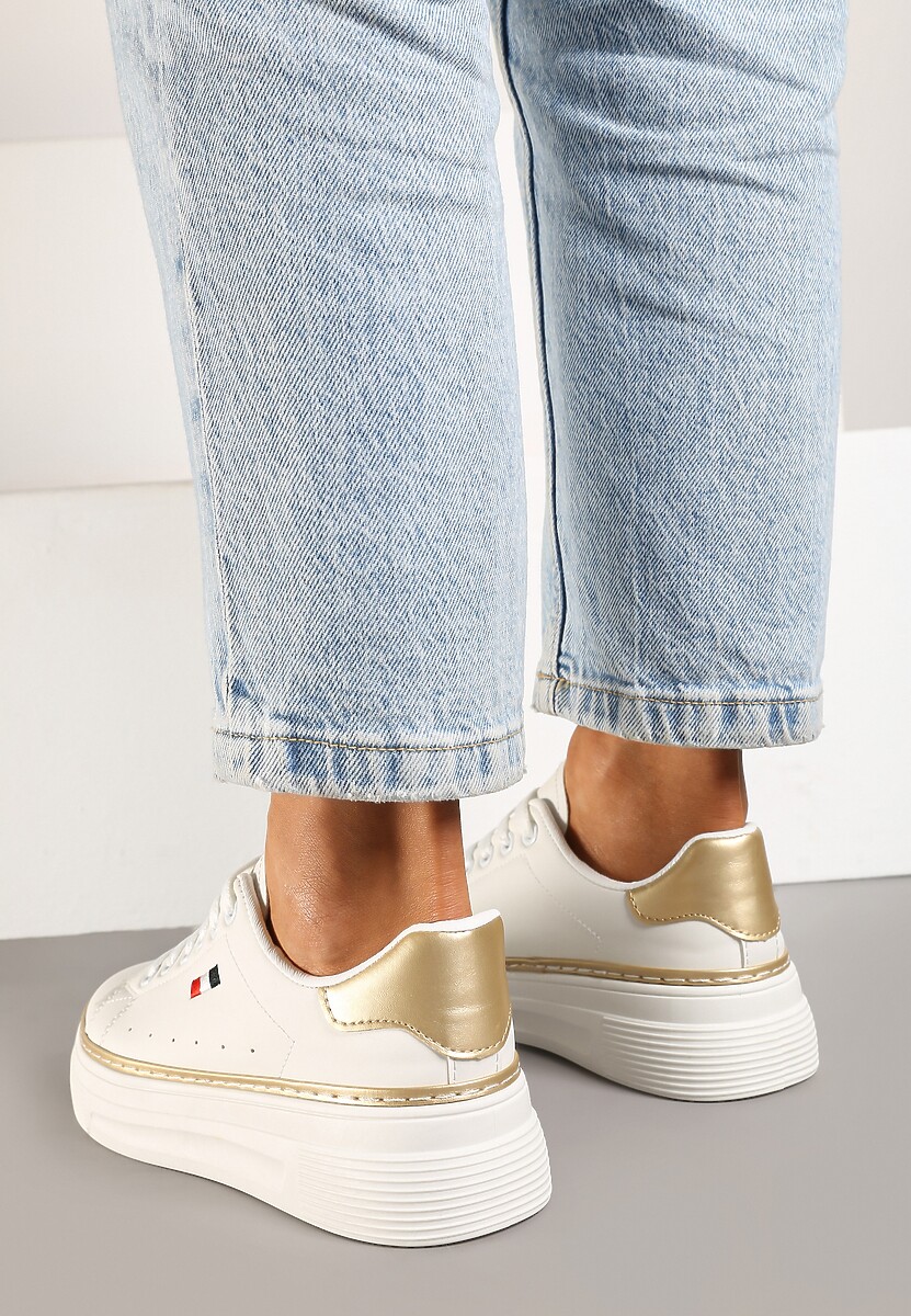 Biało-Beżowe Sznurowane Sneakersy na Płaskiej Podeszwie z Lamówką Fedat