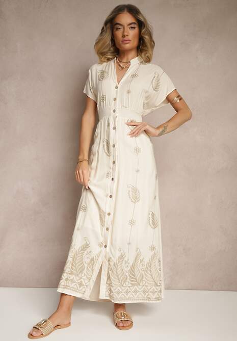 Beżowa Sukienka Koszulowa z Bawełną i Metaliczną Nicią Ullio