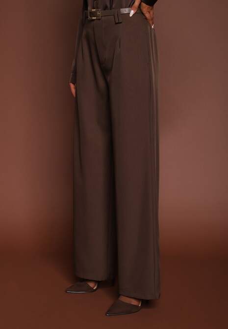 Brązowe Szerokie Spodnie Garniturowe Ozdobione Paskiem Cirrive