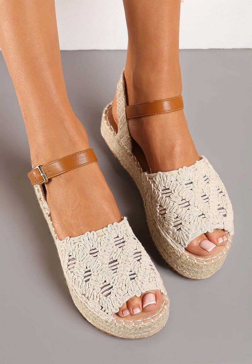 Beżowe Sandały Plecione w Stylu Espadryli na Platformie z Juty Garita