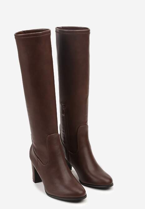 Brązowe Kozaki na Słupku z Przylegającą Cholewką Alovire