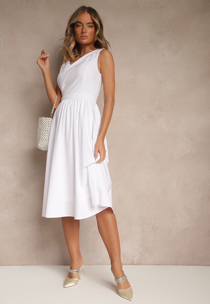 Biała Basicowa Sukienka Vices o Rozkloszowanym Kroju Tolaneia