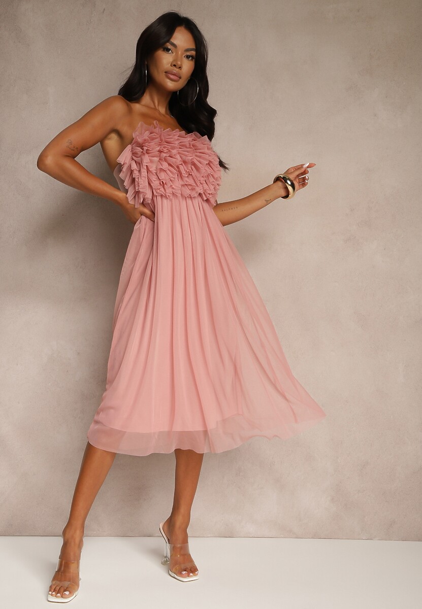 Fioletowa Tiulowa Sukienka bez Ramiączek z Falbankami Tremone