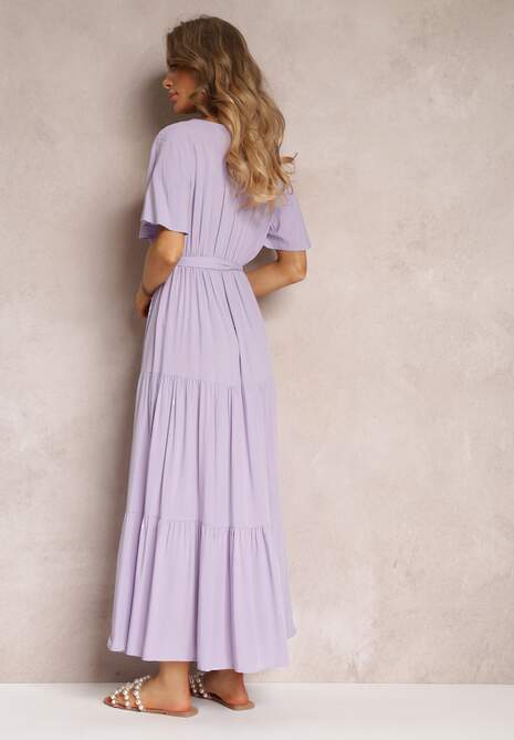 Fioletowa Rozkloszowana Sukienka z Falbanką i Wiązanym Paskiem Adotine