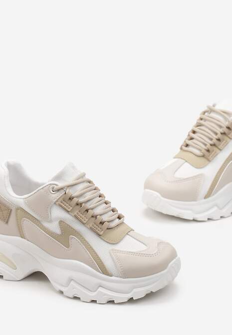 Beżowe Sneakersy Na Grubej Podeszwie z Przeszyciami i Sznurwaniem  Marinil
