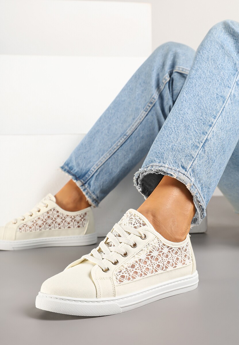 Beżowe Trampki Tenisówki Ozdobione Ażurową Cholewką Xalimi