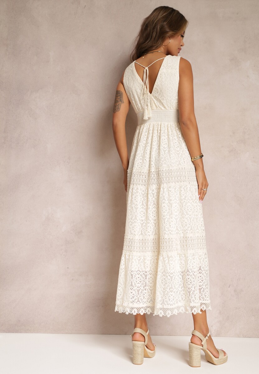 Beżowa Sukienka Maxi z Koronkowej Tkaniny z Wiązaniem przy Dekolcie Nodaia