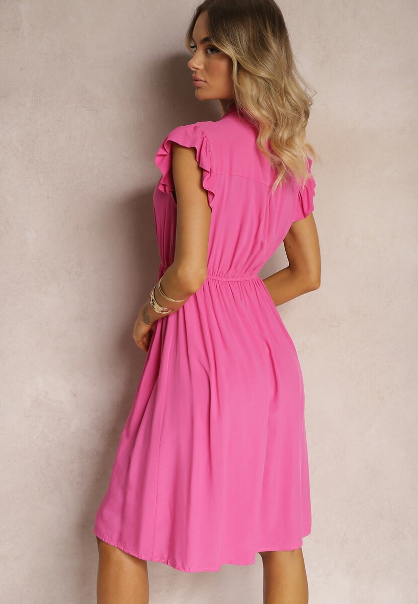 Fuksjowa Sukienka Rozkloszowana z Gumką w Talii i Wiązaniem przy Dekolcie Naque