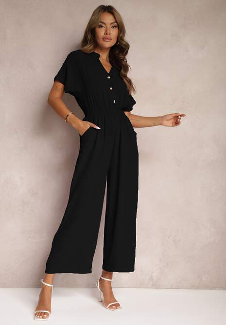 Czarny Taliowany Kombinezon z Wiskozy Zapinany na Guziki Frisea