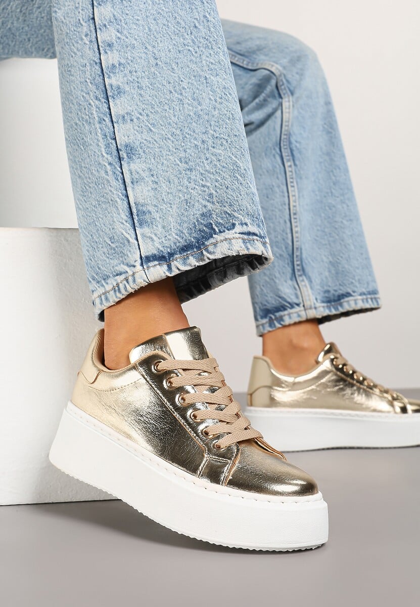 Złote Sneakersy na Grubej Podeszwie Cernanda